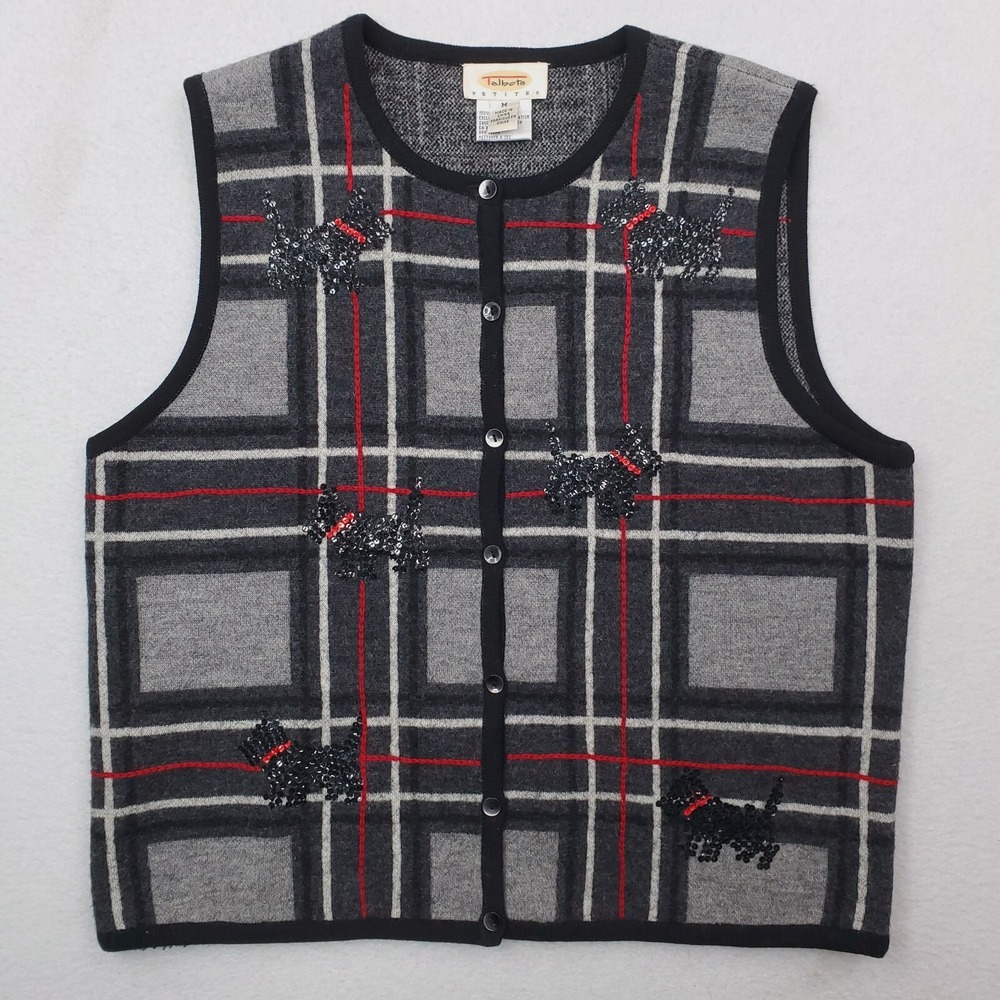 Talbots Sweater Vest Womens Medium‎ Petites Gray  Wool Tartan Plaid Dog Terrier